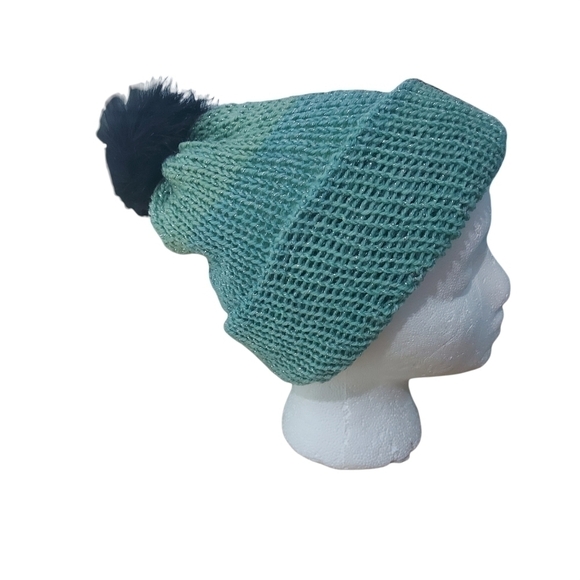 Hand Knit Green Beanie with Faux Fur Pompom - Picture 3 of 6